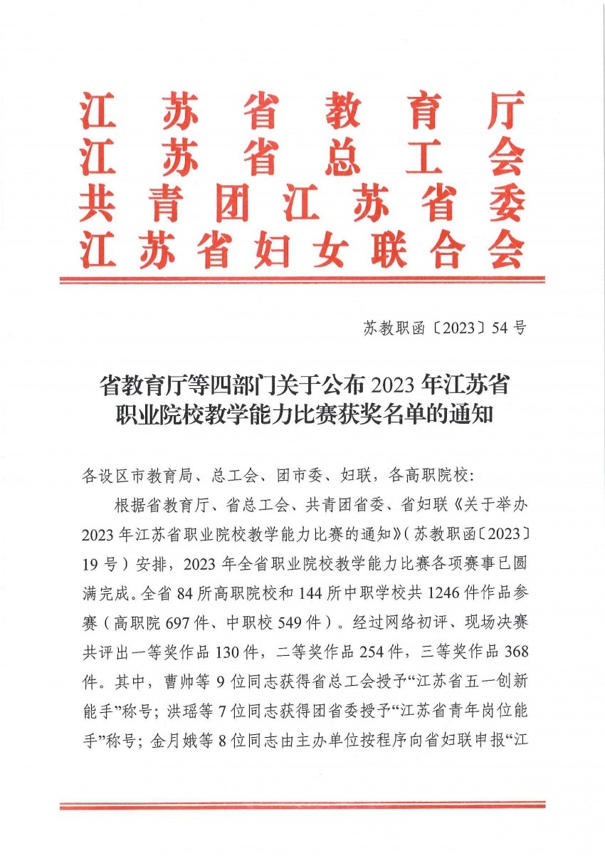 江苏省教育厅等四部门关于公布2023年江苏省职业院校教学能力比赛获奖名单的通知（苏教职函〔2023〕54号含名单）_00.jpg